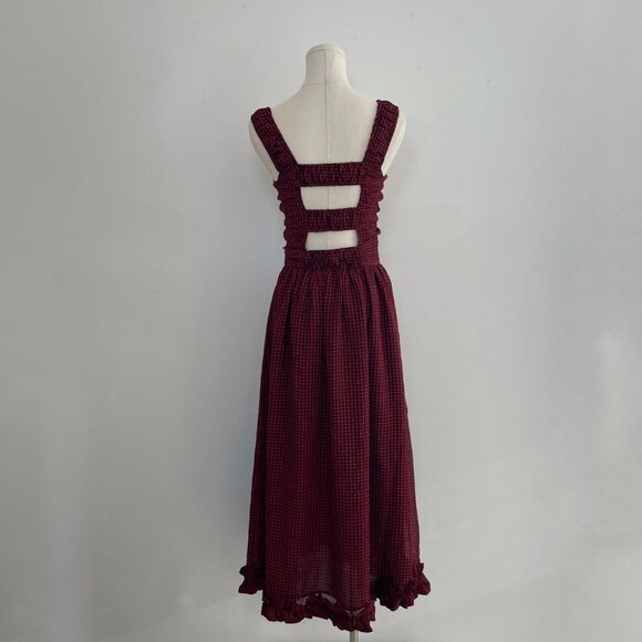 Ganni Sheer Fluid Check Midi Strap Smock Dress | Wine Red | Women’s Size Small - Picture 3 of 7